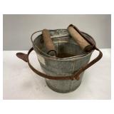 Galvanized Mop Bucket with Wooden Roller Wringer