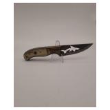 knife, 8' Demascus steel :  silouette blade length 4', w/leather sheath
