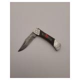 Knife, Demascus steel folding knife, 3'blade, w/leather sheath