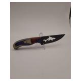 knife, 8' Demascus steel :  silouette blade length 4', w/leather sheath