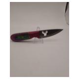 knife, 8' Demascus steel :  silouette blade length 4', w/leather sheath