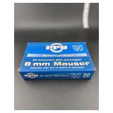 PPU ammunition 8mm Mauser FMJ BT 198gr 20 centerfire rifle cartridges
