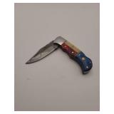 Knife, Demascus steel folding knife, 3'blade, w/leather sheath