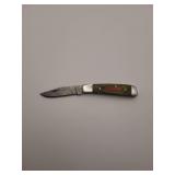 Knife, Demascus steel folding knife, 3'blade, w/leather sheath