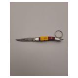 Knife, Demascus steel folding knife 2' blade, w/leather sheath