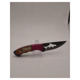knife, 8' Demascus steel :  silouette blade length 4', w/leather sheath