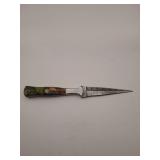 Knife, 9' Demascus steel throwing knife, blade length 4.5', w/leather sheath