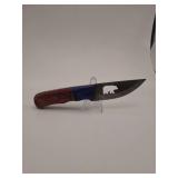 knife, 8' Demascus steel :  silouette blade length 4', w/leather sheath
