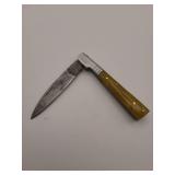 Knife, Demascus steel folding knife, 3'blade, w/leather sheath