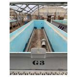 Used rectangular fiberglass aquaculture tank, approximately 29’ X 8.5’ X 6’. Includes one filtration tank