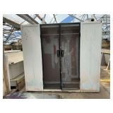 Large lockable wooden cabinet, 88”T x 98”W x 25”D.