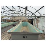 Used rectangular fiberglass aquaculture tank, approximately 29’ X 8.5’ X 6’. Includes two filtration tanks