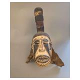 African Tribal Carved Wood Mask with Curved Horn Headdress