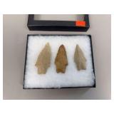 3 Native American Stone Arrowheads in Display Case