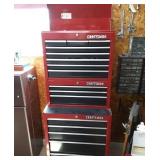 Craftsman 3 section tool box on wheels with tools.