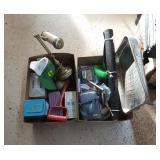 (2) box lot of tins, desk lamp, hay hooks, r