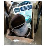 Wood box, mixed contents. Fuel can, tool rack a