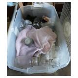 Tub of dishes, towels, Ball jars
