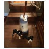 Butter Churn, (2) Bulldog Statues.