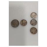 5 COINS-1- BUFFALO NICKEL4 DIMES-