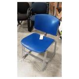 3 STACKING BLUE CHAIRS WITH METAL FRAMES