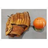 VINTAGE BASEBALL GLOVE AND VINTAGE BASKETBALL