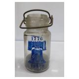 VINTAGE GLASS JAR WITH LIBERTY BELL- CRACKED