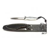 DOUBLE EDGE STAINLESS KNIFE WITH LEATHER SHEATH