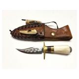 MINI- ANTLER HANDLE KNIFE WITH HAND MADE LEATHER