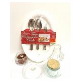 GLASS LOT AND MASTERPIECE TRAY AND SILVER WARE