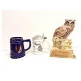 HAND MADE AND SIGNED OWL AND TWO STEINS