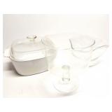 LARGE CASSEILE DISH WITH LID AND 2 GLASS VINTAGE