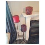 3 LARGE CANDLES AND 2 METAL CANDLE STANDS