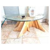 STUMP BASE - GLASS TOP COFFEE TABLE- VERY NICE-