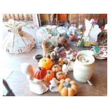 HUGE TABLE TOP LOT- PAINTINGS-CROCKS- GLASSWARE-