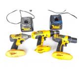3 DEWALT DRILLS AND 2 CHARGERS- 12 BATTERIES