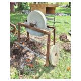 VINTAGE HAND CRANK GRINDING WHEEL ON METAL FRAME
