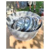 GALVANIZED BUSHEL MEASURE WITH VINTAGE HUBCAPS