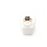 6g 14k yg ring with square shaped red stone in