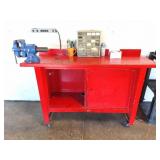 RED METAL ROLLING SHOP BENCH WITH NICE BENCH