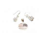 EAR RINGS + PENDANT, STERLING SILVER, 7.7G