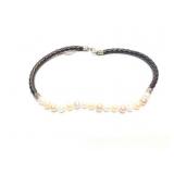 NECKLACE, SILVER, PEARL- LEATHER