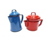 RED ENAMEL WARE 1 CUP COFFEE POT AND BLUE ENAMEL