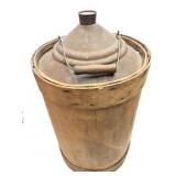 5 GALLON TIN CAN IN WOODEN WRAP- VINTAGE