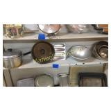 CONTENTS OF SHELF....POACHER PAN, BUNDT PAN,