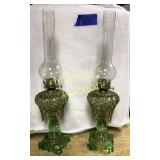 PAIR OF VINTAGE GREEN DEPRESSION GLASS OIL LAMPS