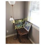 FLOOR LAMP, END TABLE, AND 2 PICTURES
