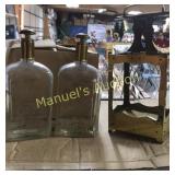 ANTIQUE WHISKEY BOTTLES W/BRASS MUSIC BOX CARRIER