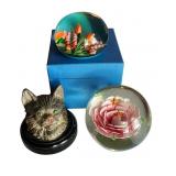 Two St Louis Glass Paperweights, Bronze Cat