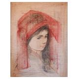 Edna Hibel 16x12 MixMed Girl in Red Scarf